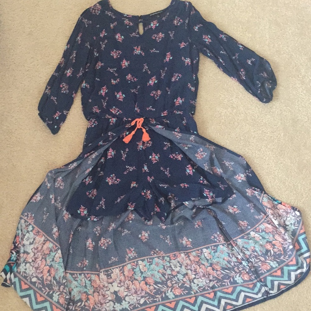 My Michelle navy floral romper with a train
